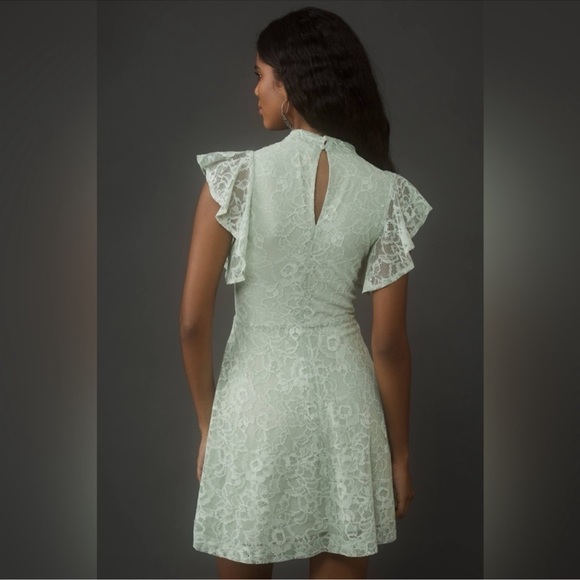 Anthropologie Maeve Mock Neck Lace Mini Dress in Moss Green - Picture 4 of 10